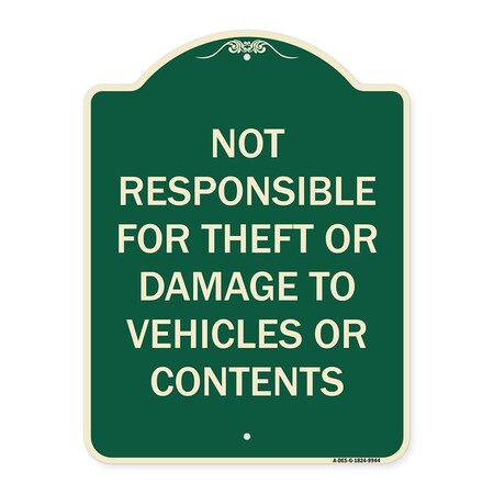 Signmission Designer Series-Not Responsible For Theft Or Damage To Vehicles Or Contents, 24" x 18", G-1824-9944 A-DES-G-1824-9944